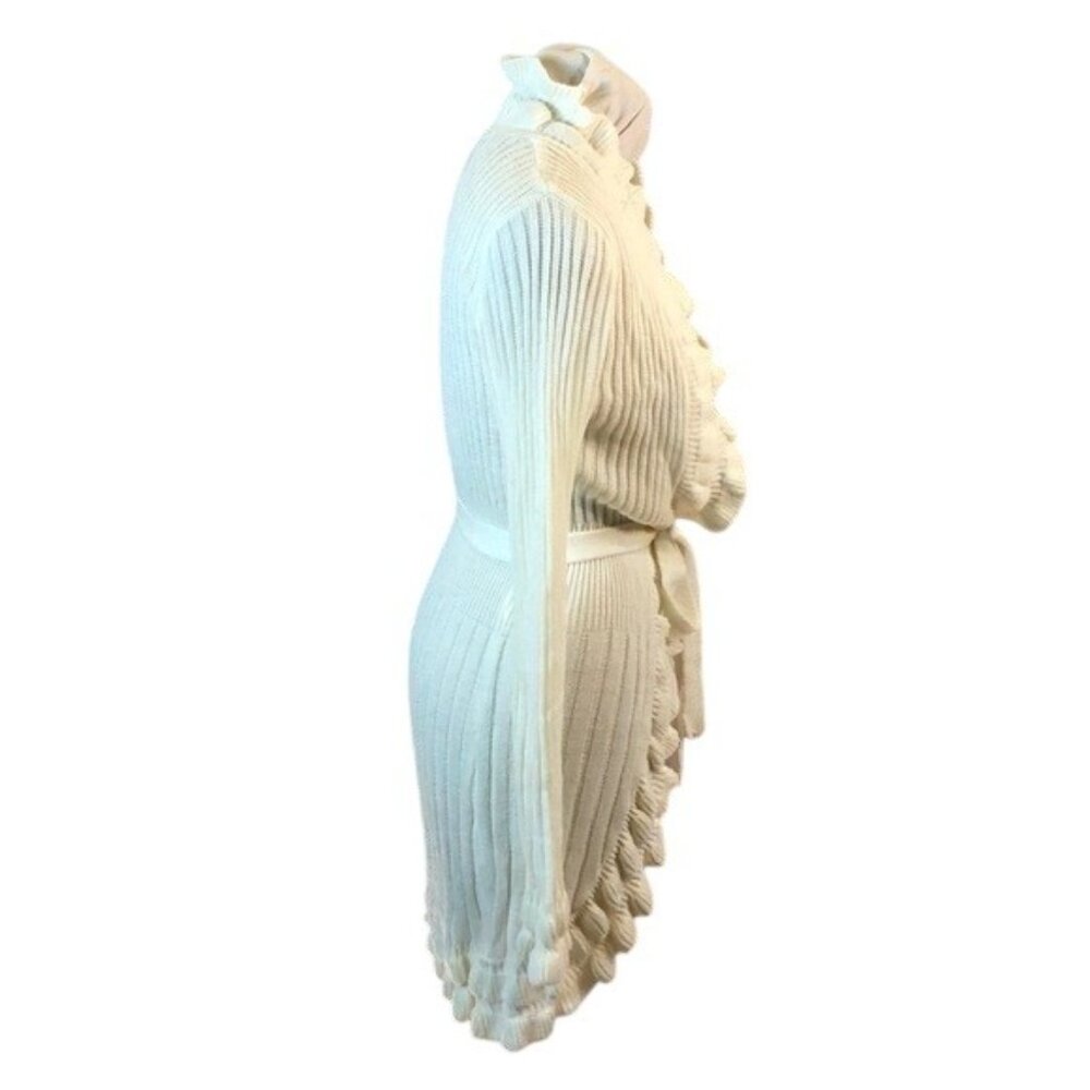 Questions By Who? Ruffled Open Front Belted Cardigan Sweater Ivory XL - Picture 3 of 5